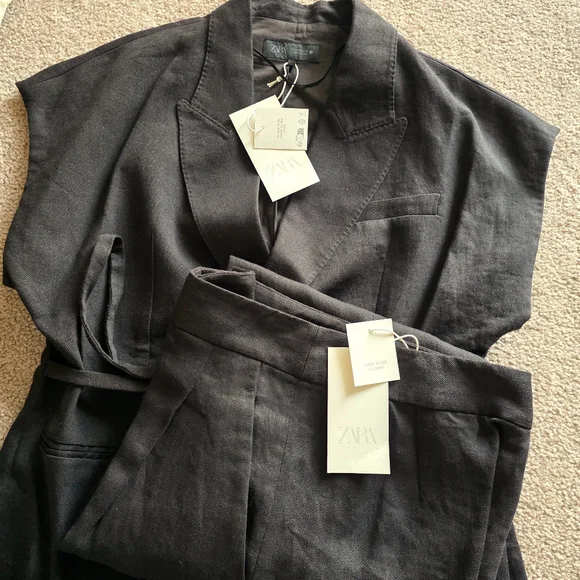 Zara Set 2 Pc Linen Blend Waistcoat Wrap Vest and Pants Brown Size S/M - Picture 13 of 15